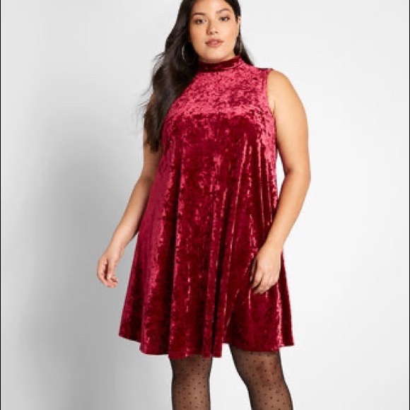 ModCloth Red Crushed Velvet A-line Swing Dress New - Picture 2 of 4
